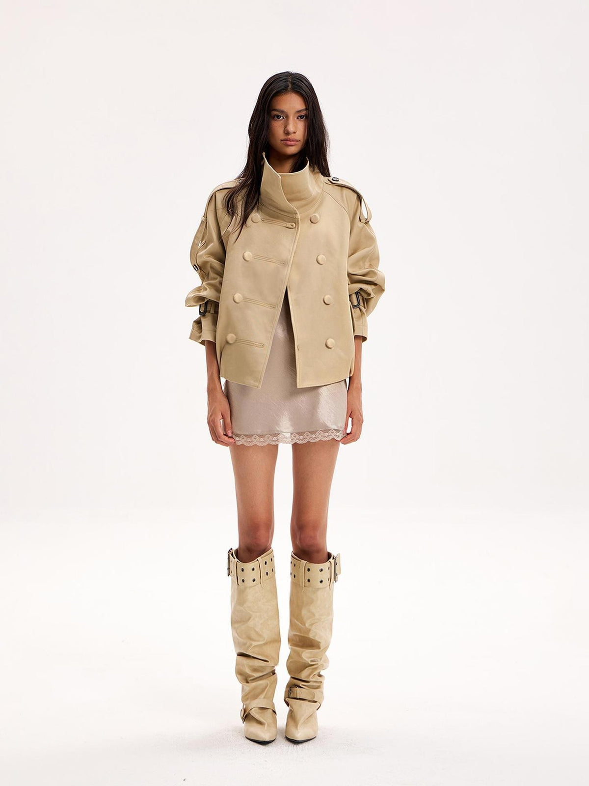 The NeverMore Double Breasted Button Front Stand Collar Cropped Windproof Women&