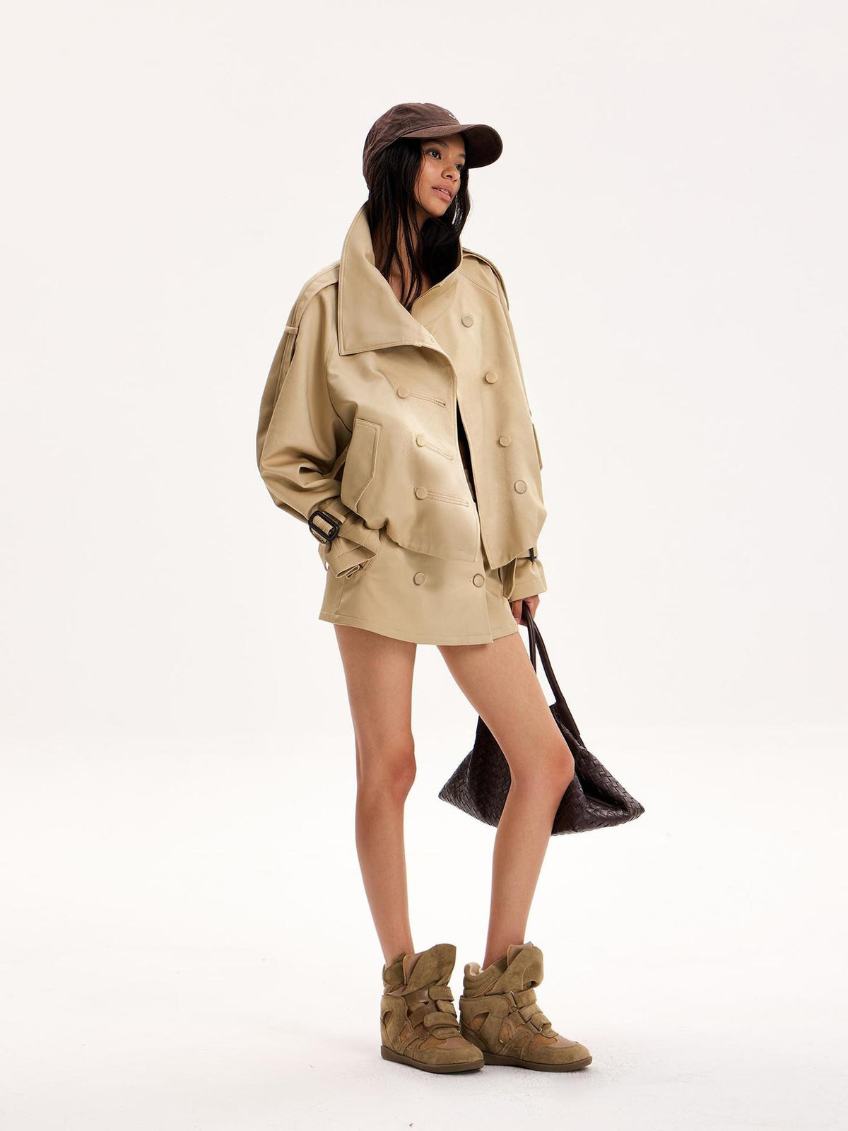 The NeverMore Double Breasted Button Front Stand Collar Cropped Windproof Women&