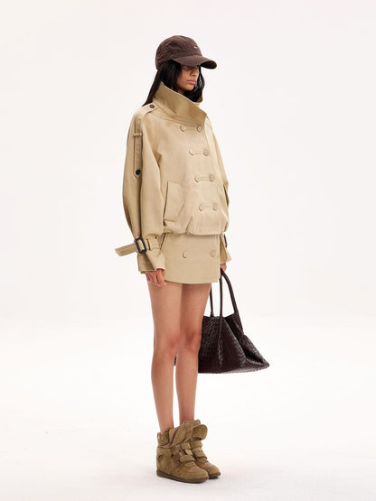The NeverMore Double Breasted Button Front Stand Collar Cropped Windproof Women&
