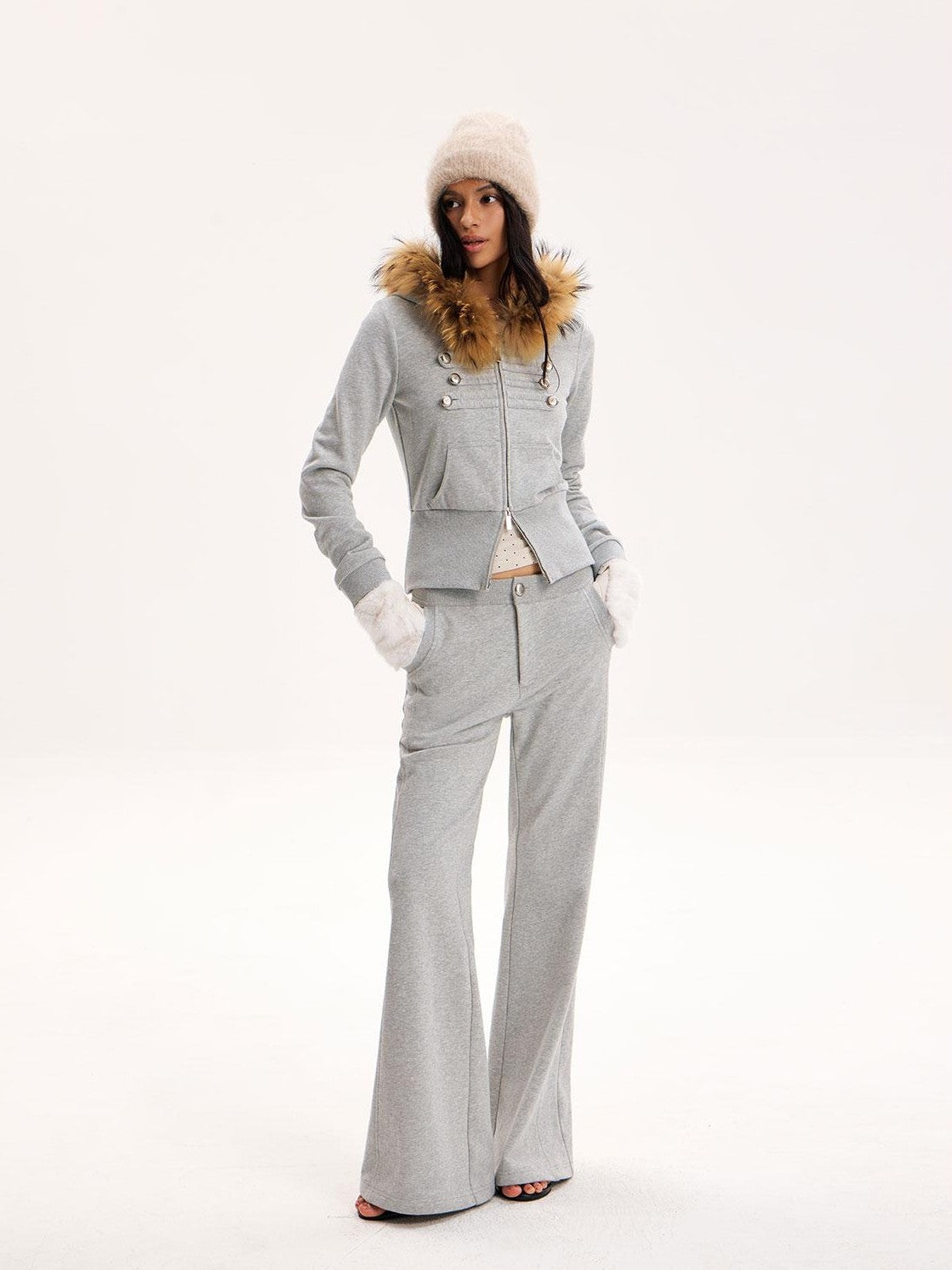 The NeverMore Fur Trim Double Zip Cinched Waist Women&