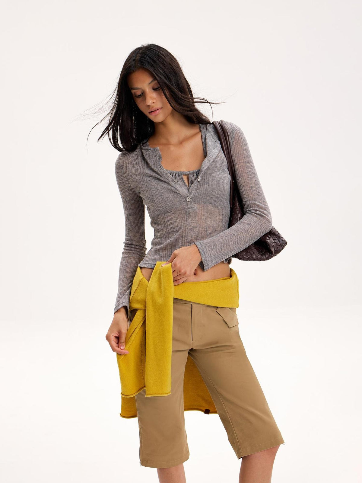 The NeverMore Gray Textured Faux Layered Cinched Waist Cropped Knit Women&
