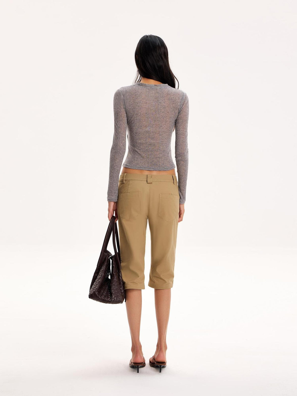 The NeverMore Gray Textured Faux Layered Cinched Waist Cropped Knit Women&