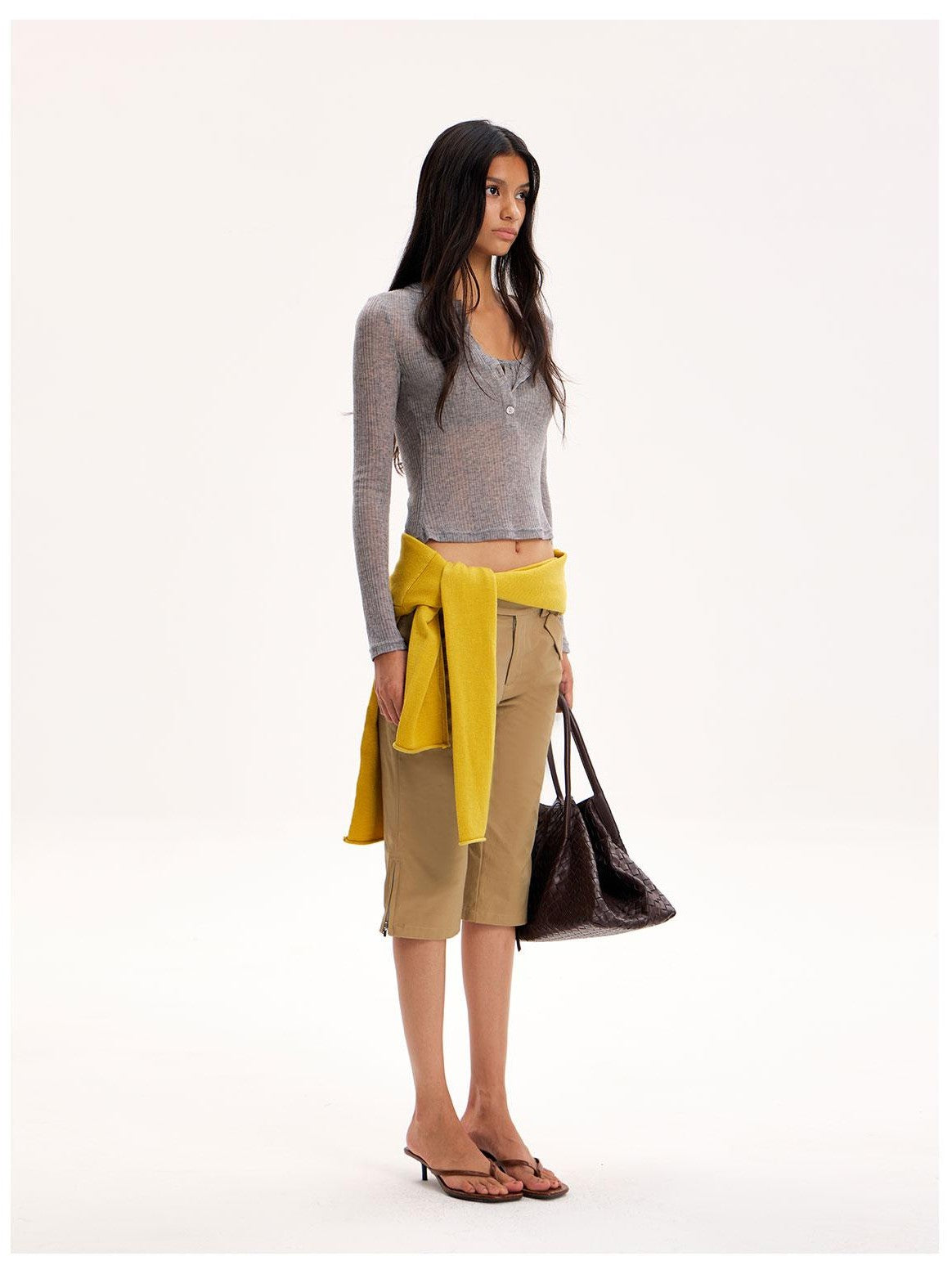 The NeverMore Gray Textured Faux Layered Cinched Waist Cropped Knit Women&