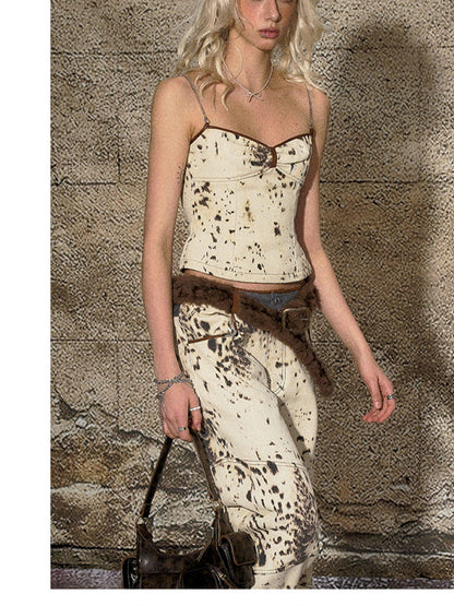 The NeverMore Ink Splash Leopard Print Denim Bandeau Women&