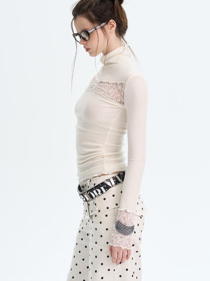 The NeverMore Lace Trim Turtleneck Knit Slim Fit Women&