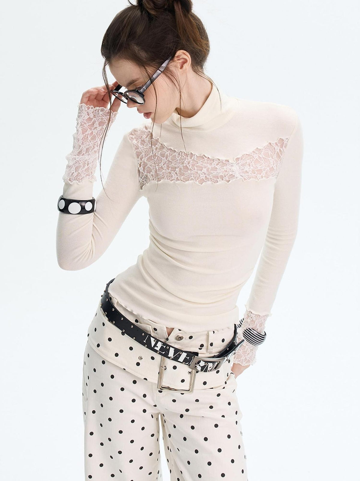 The NeverMore Lace Trim Turtleneck Knit Slim Fit Women&