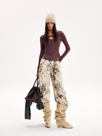 The NeverMore Leopard Print Wide Leg Denim Women&