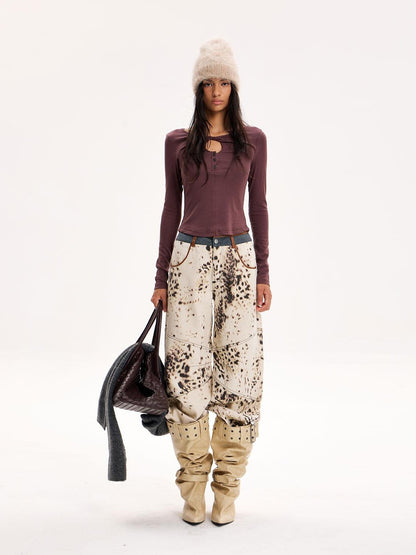 The NeverMore Leopard Print Wide Leg Denim Women&