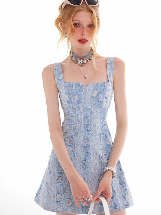 The NeverMore Light Blue Hand Distressed Aline High Waist Women&