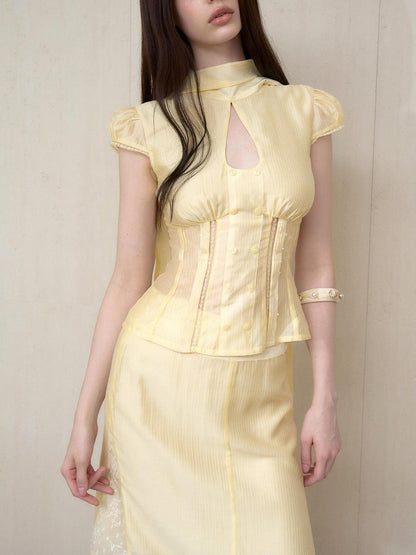 The NeverMore Micro Sheer Cutout Short Sleeve Shirt Women&