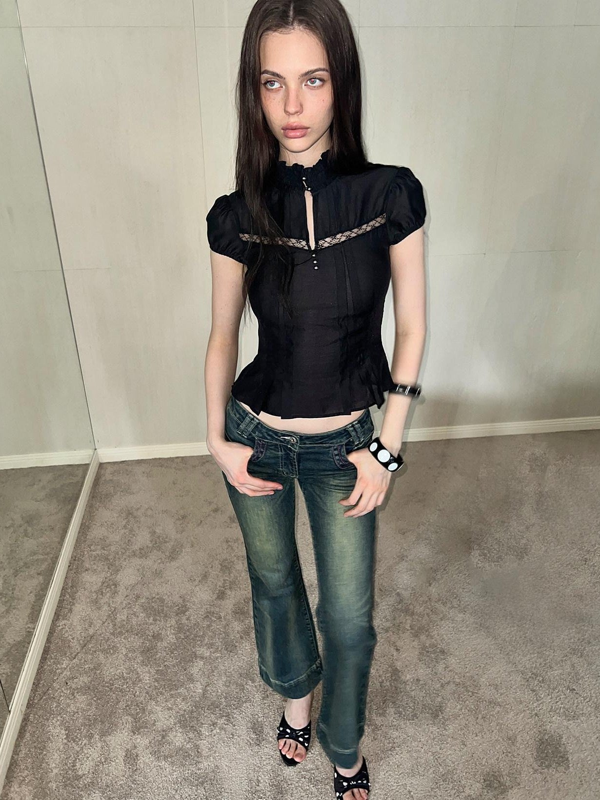 The NeverMore Mock Neck Cutout Lace Vintage Women&