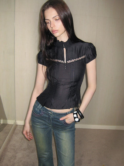 The NeverMore Mock Neck Cutout Lace Vintage Women&
