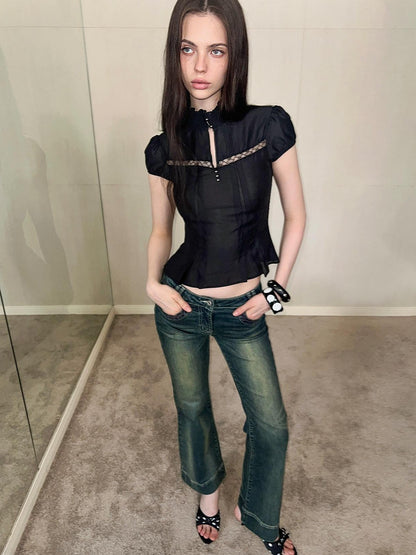 The NeverMore Mock Neck Cutout Lace Vintage Women&