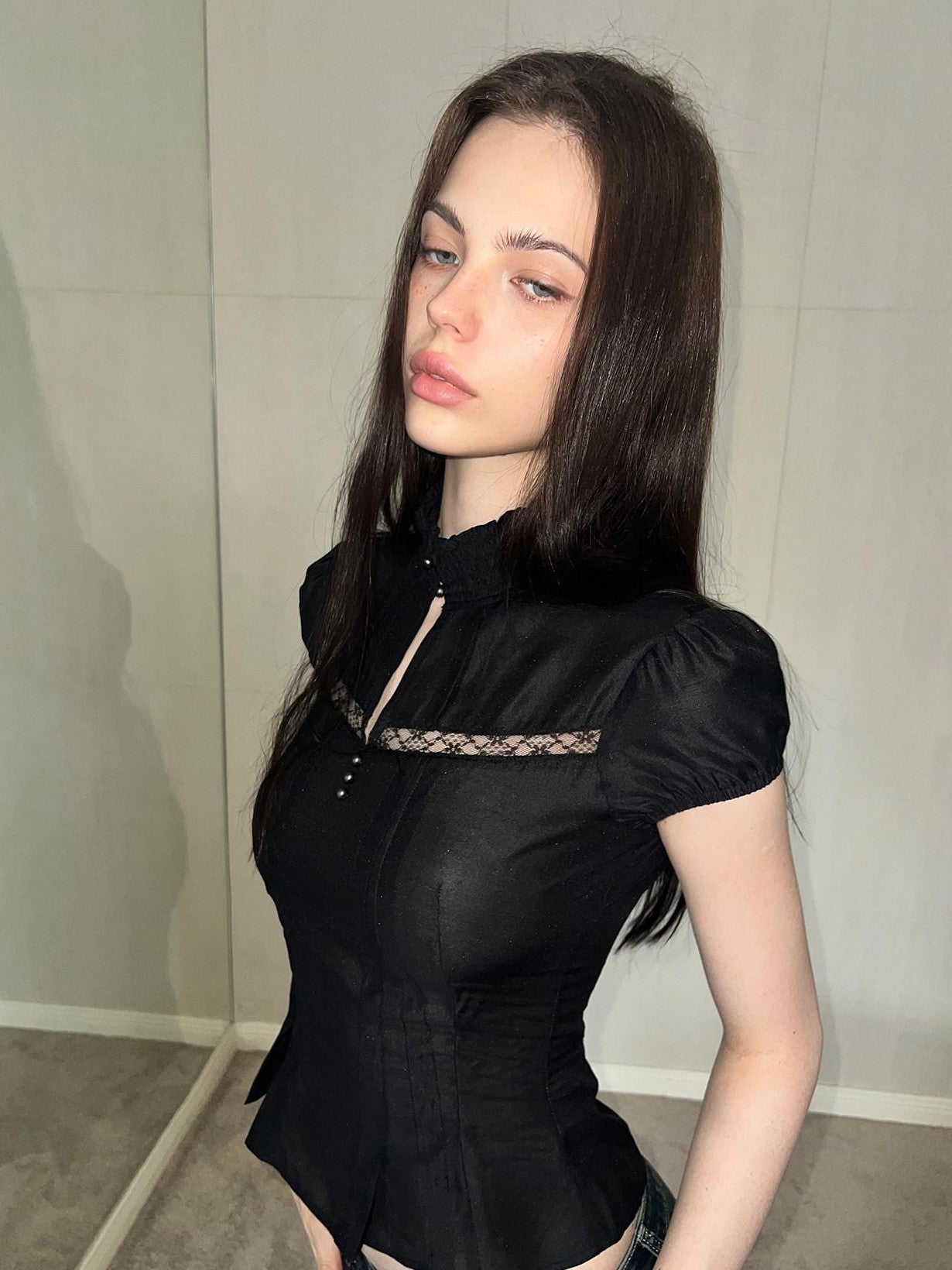The NeverMore Mock Neck Cutout Lace Vintage Women&