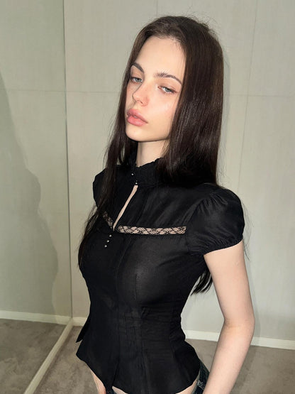 The NeverMore Mock Neck Cutout Lace Vintage Women&