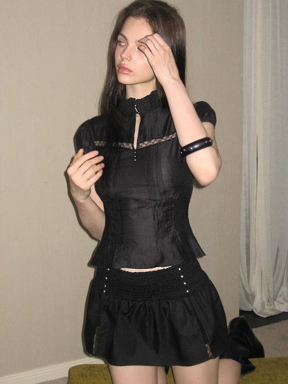 The NeverMore Mock Neck Cutout Lace Vintage Women&