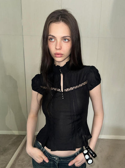 The NeverMore Mock Neck Cutout Lace Vintage Women&