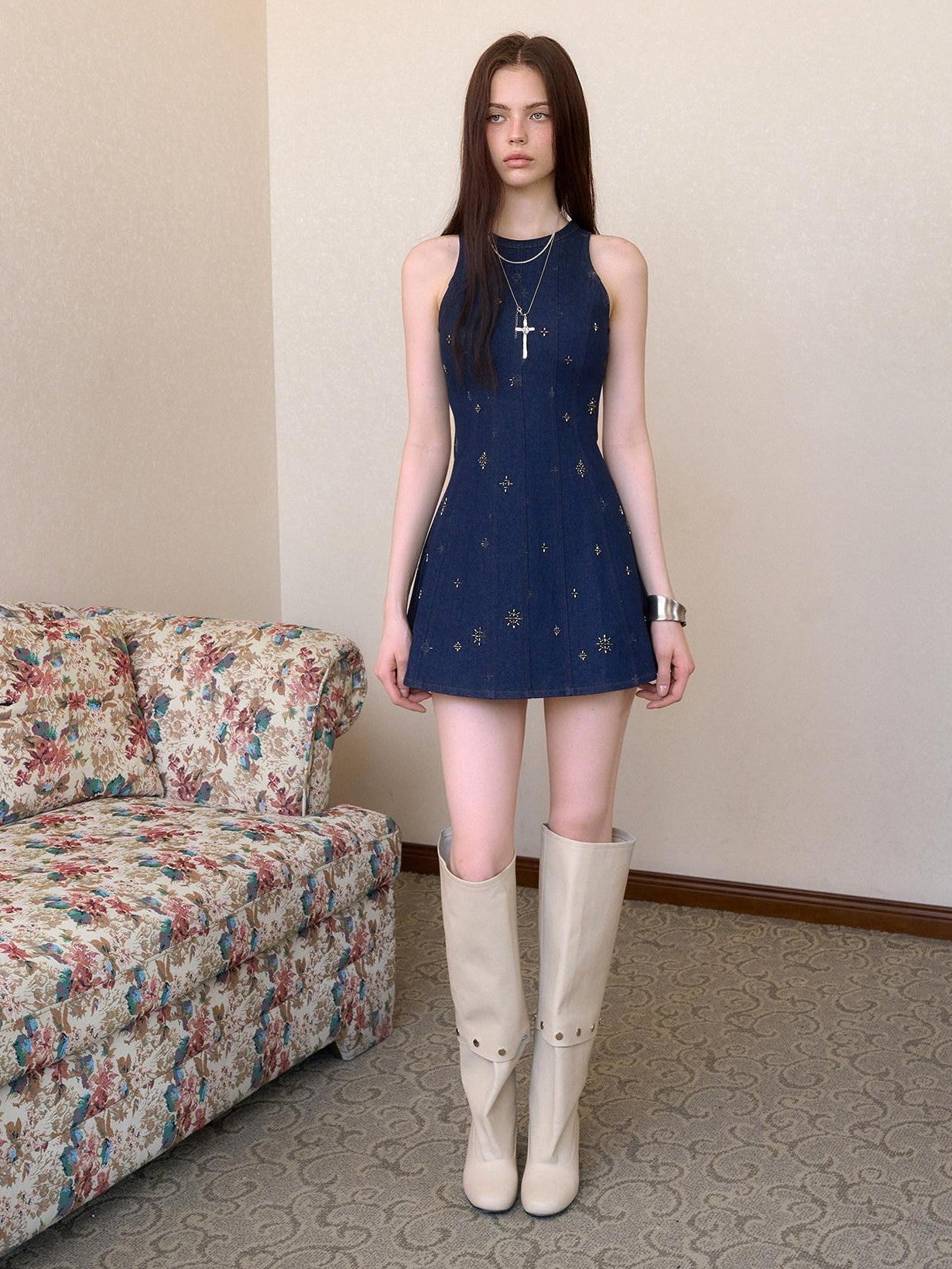 The NeverMore Navy Gold Embroidered Contrast Sleeveless Women&