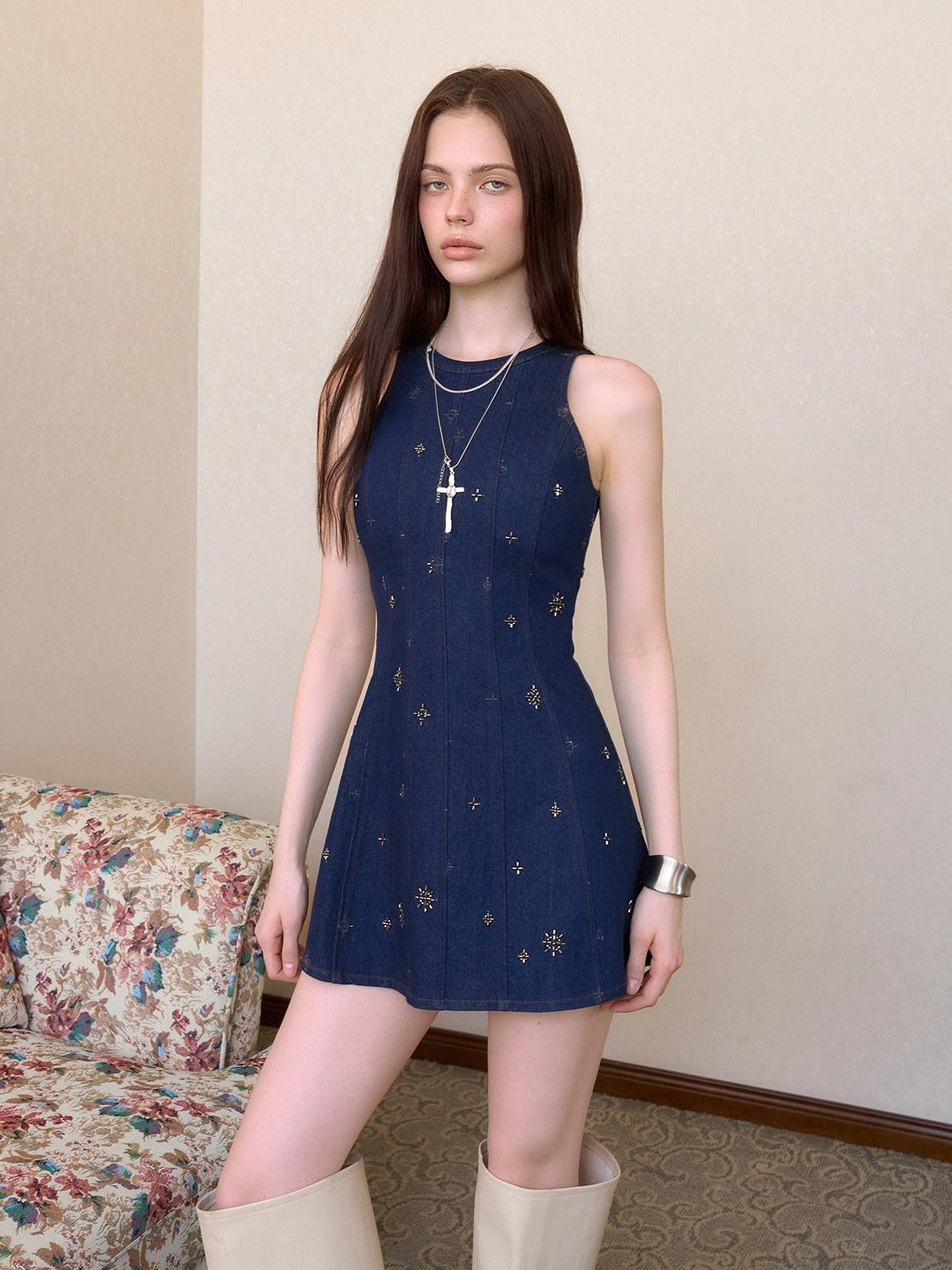 The NeverMore Navy Gold Embroidered Contrast Sleeveless Women&