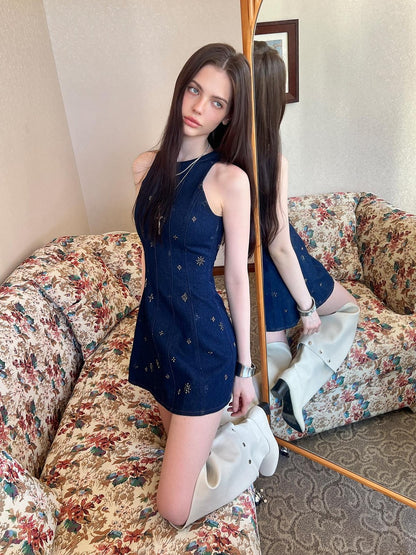The NeverMore Navy Gold Embroidered Contrast Sleeveless Women&