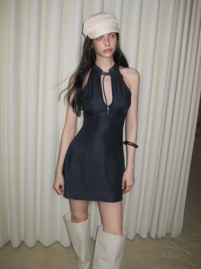 The NeverMore Navy Modern Chinese Cut Shoulder Aline Women&