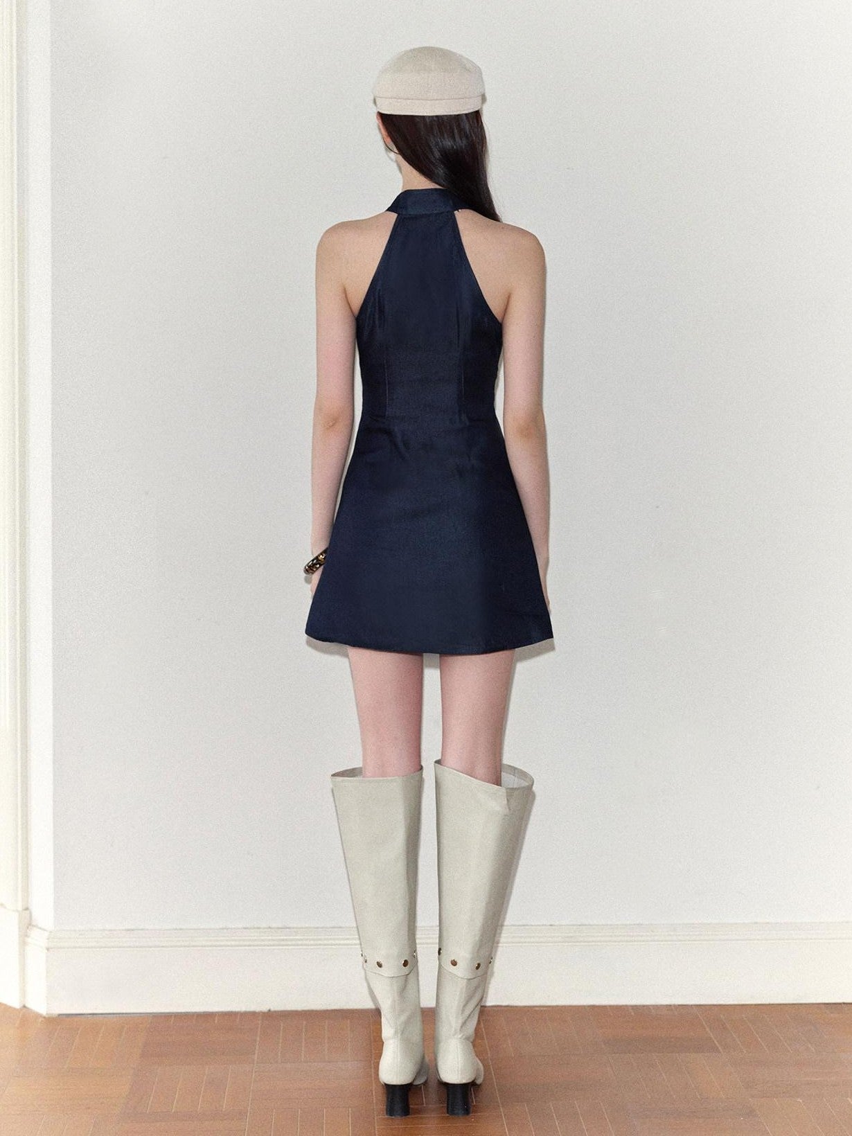 The NeverMore Navy Modern Chinese Cut Shoulder Aline Women&
