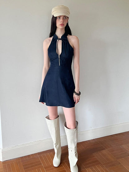 The NeverMore Navy Modern Chinese Cut Shoulder Aline Women&