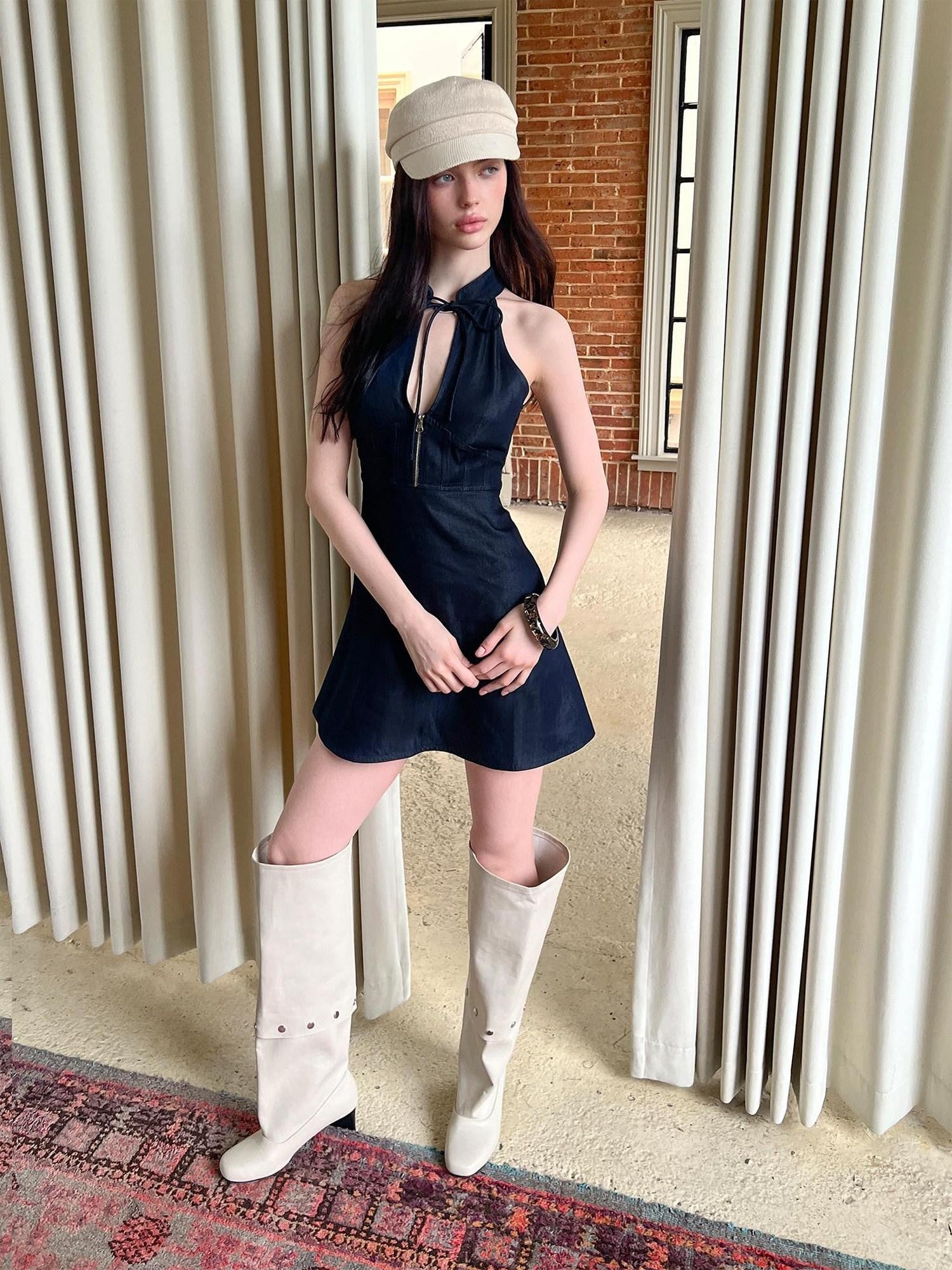 The NeverMore Navy Modern Chinese Cut Shoulder Aline Women&