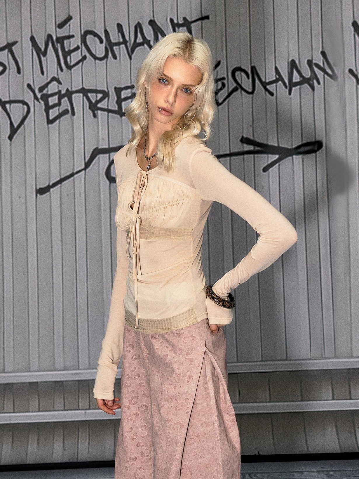 The NeverMore Pale Apricot Cutout Drawstring Spliced Slim Women&