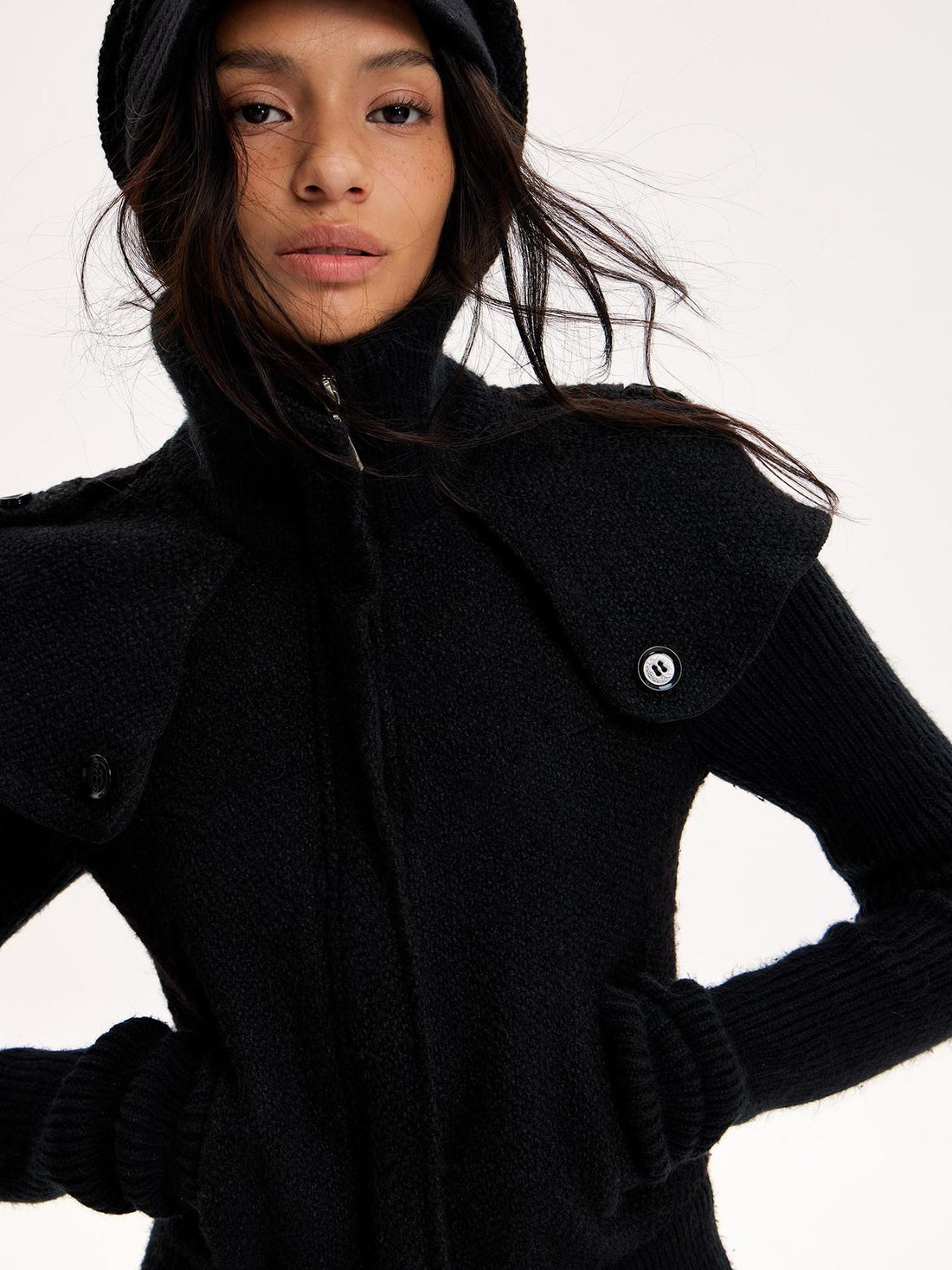 The NeverMore Patchwork Ribbed Knit Sleeve Zip Big Lapel Women&