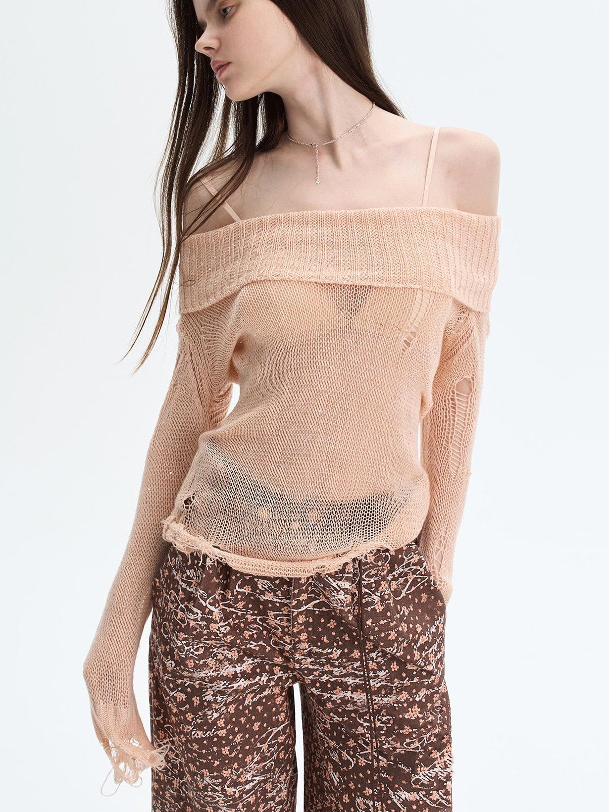 The NeverMore Peach Pink Sequin Cutout Slouchy Knit Women&