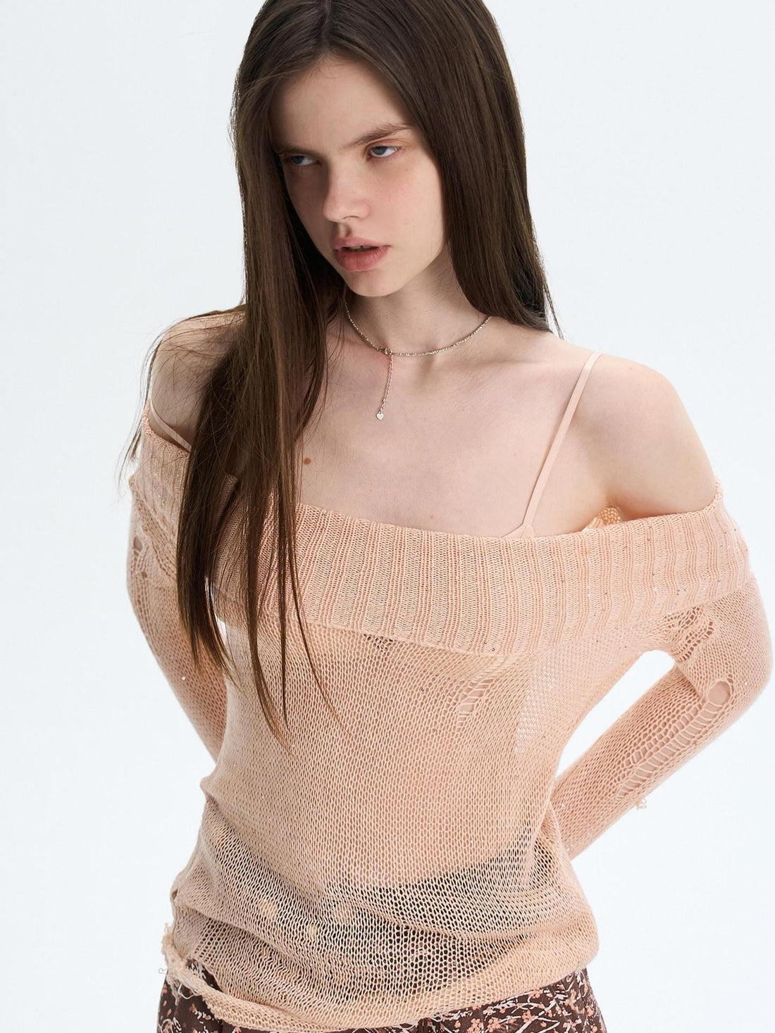 The NeverMore Peach Pink Sequin Cutout Slouchy Knit Women&
