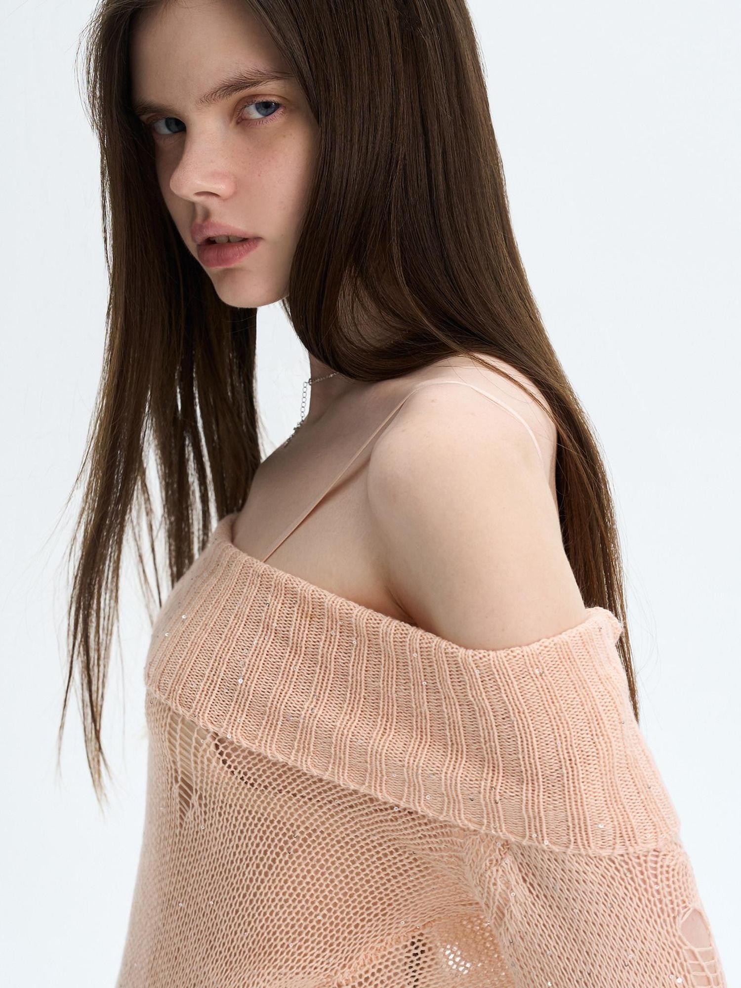 The NeverMore Peach Pink Sequin Cutout Slouchy Knit Women&