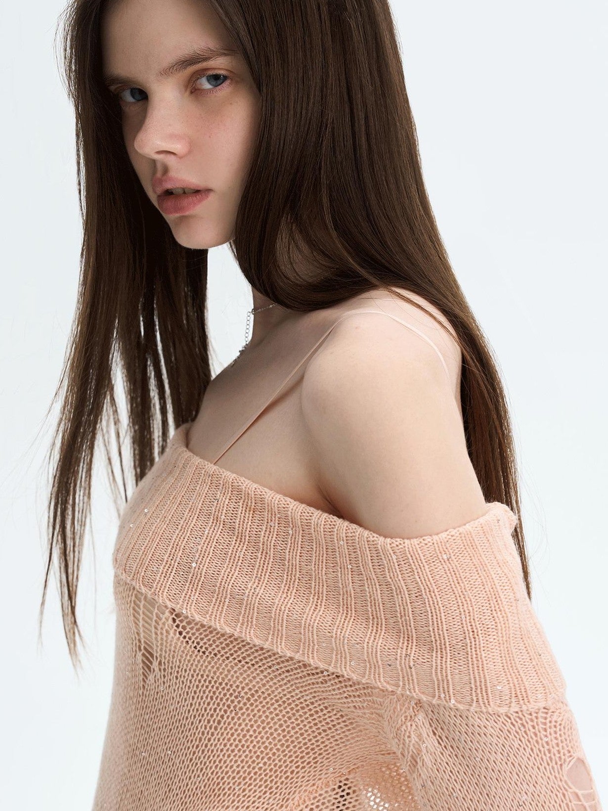 The NeverMore Peach Pink Sequin Cutout Slouchy Knit Women&
