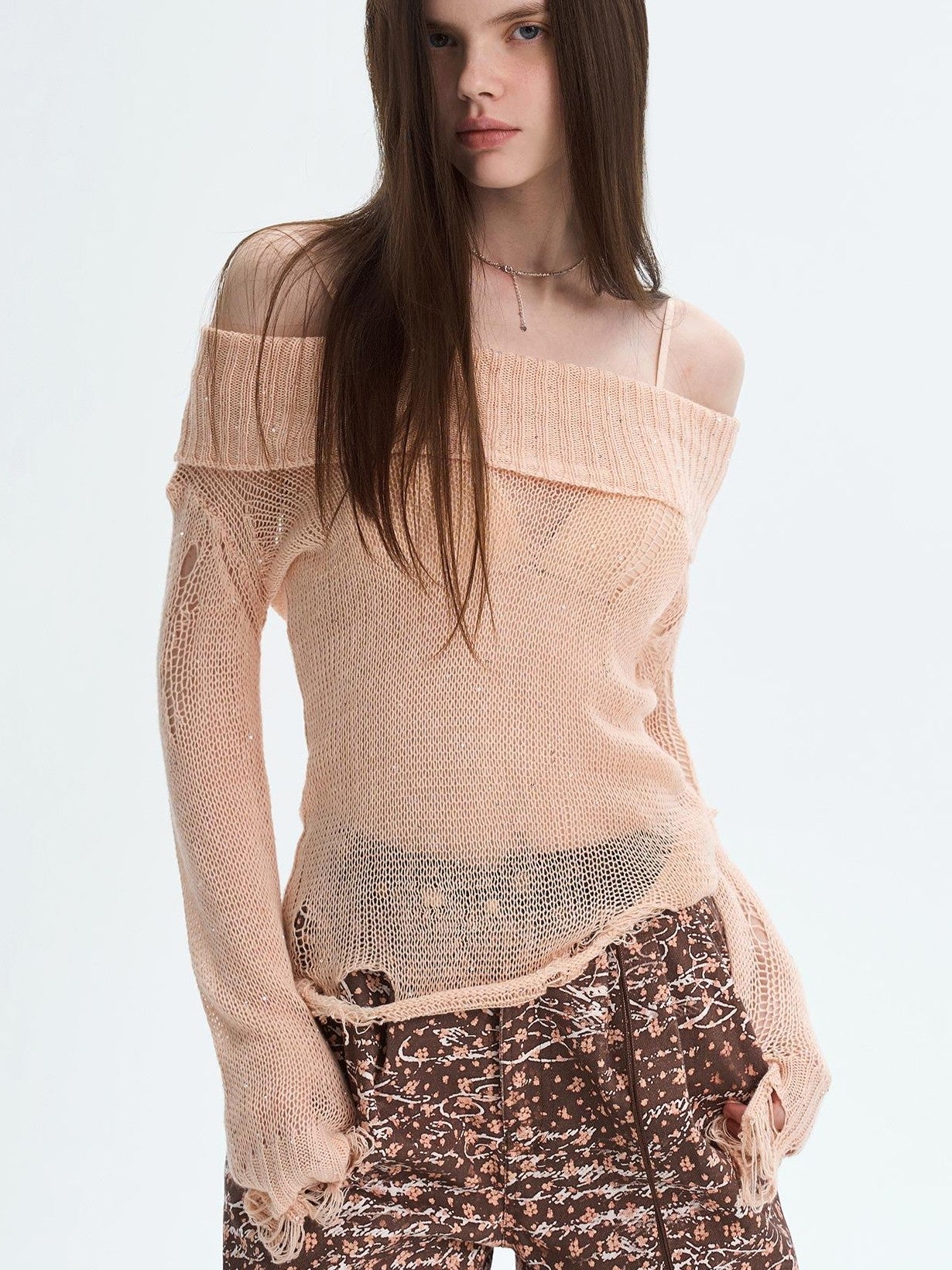 The NeverMore Peach Pink Sequin Cutout Slouchy Knit Women&
