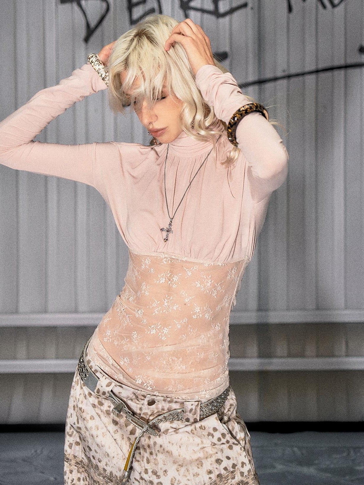 The NeverMore Pink Lace Cowl Neck Slim Fit Women&