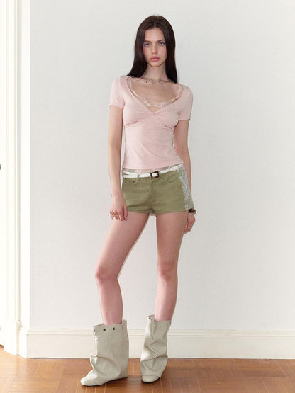 The NeverMore Pink Lace Spliced Slim Fit Women&