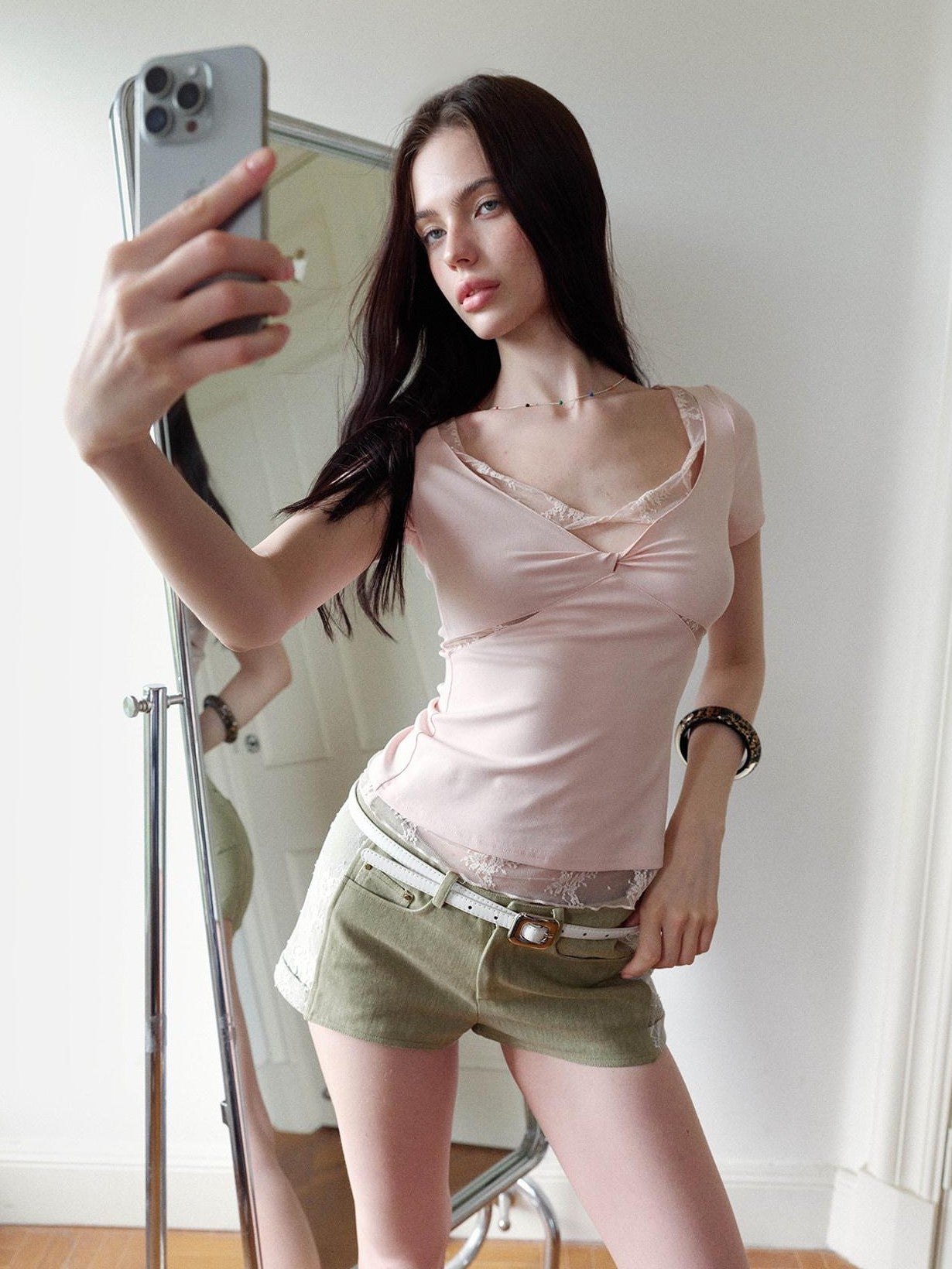 The NeverMore Pink Lace Spliced Slim Fit Women&