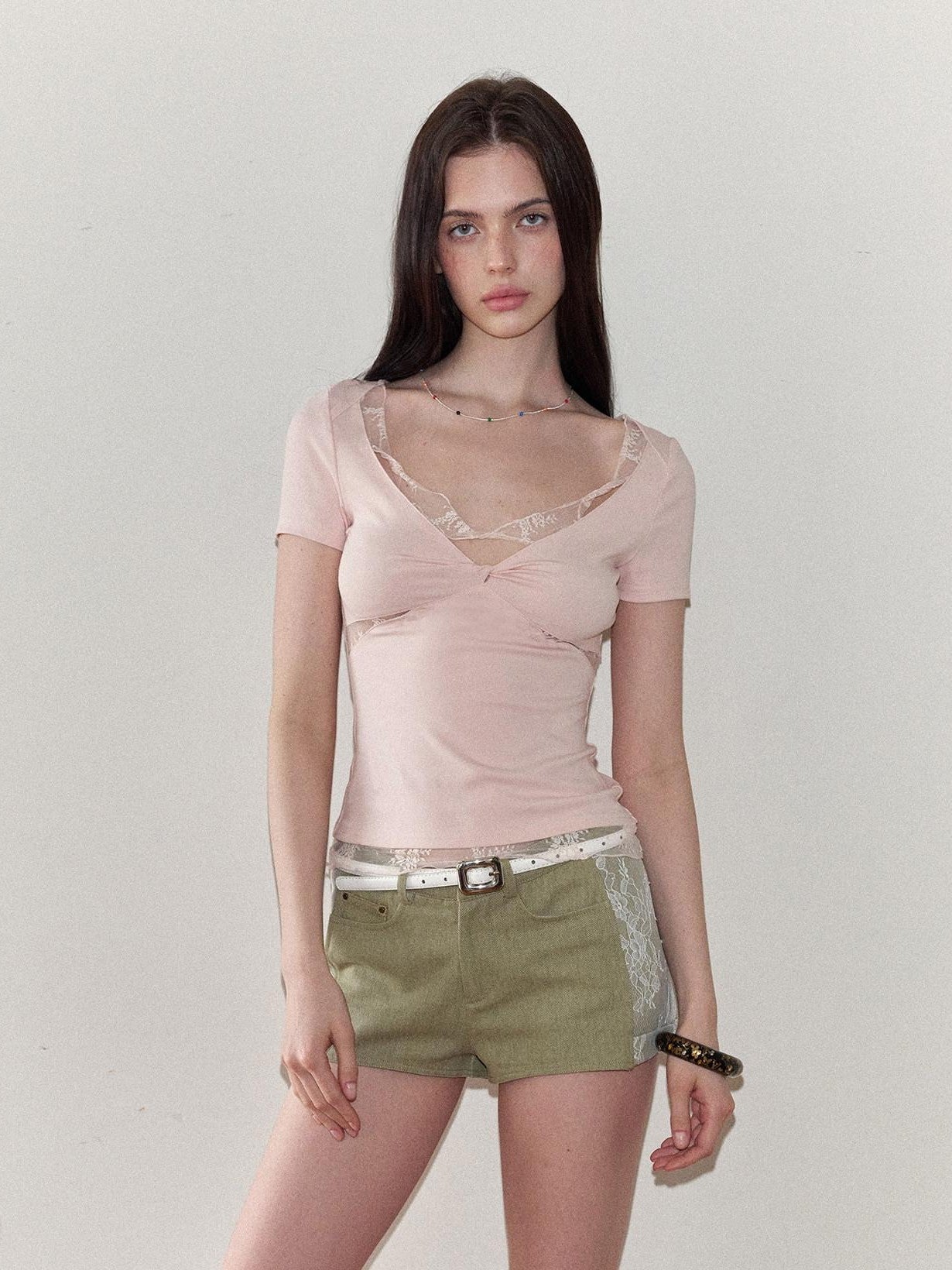 The NeverMore Pink Lace Spliced Slim Fit Women&