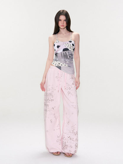 The NeverMore Pink Letter Print Wide Leg Women&