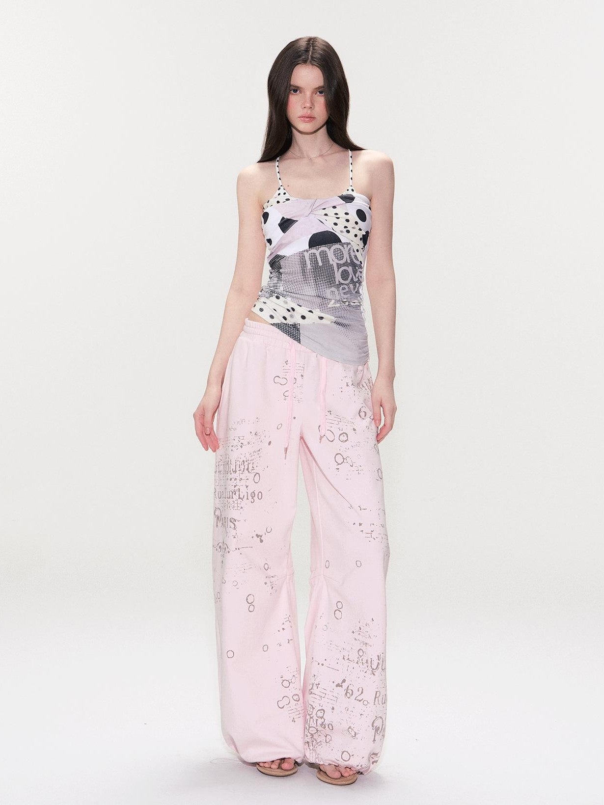 The NeverMore Pink Letter Print Wide Leg Women&