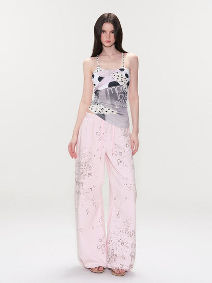 The NeverMore Pink Letter Print Wide Leg Women&