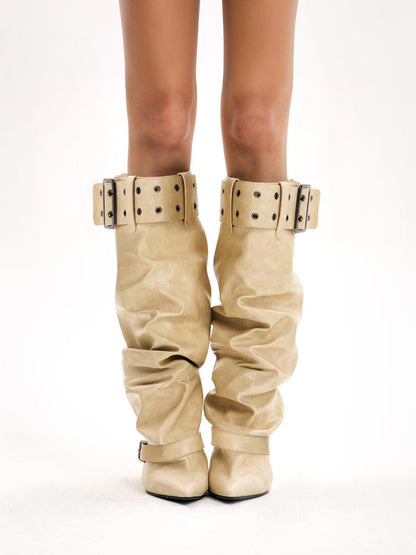 The NeverMore Pointed Toe Rivet Ruched Chunky Heel Women&