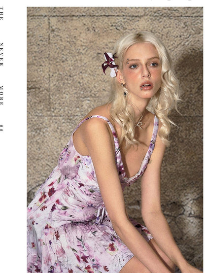 The NeverMore Purple Mist Floral Ruched High Waist Vneck Women&