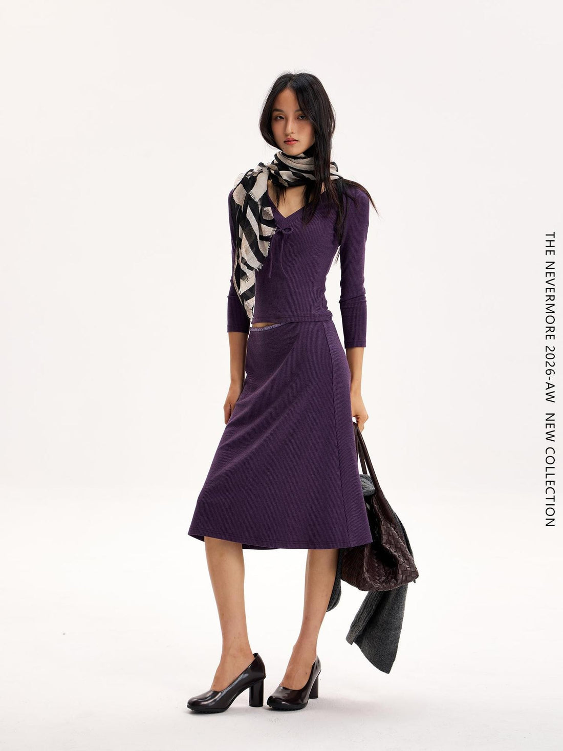 The NeverMore Purple Slim Fit Long Sleeve Knit Cropped Top Straight Midi Women&