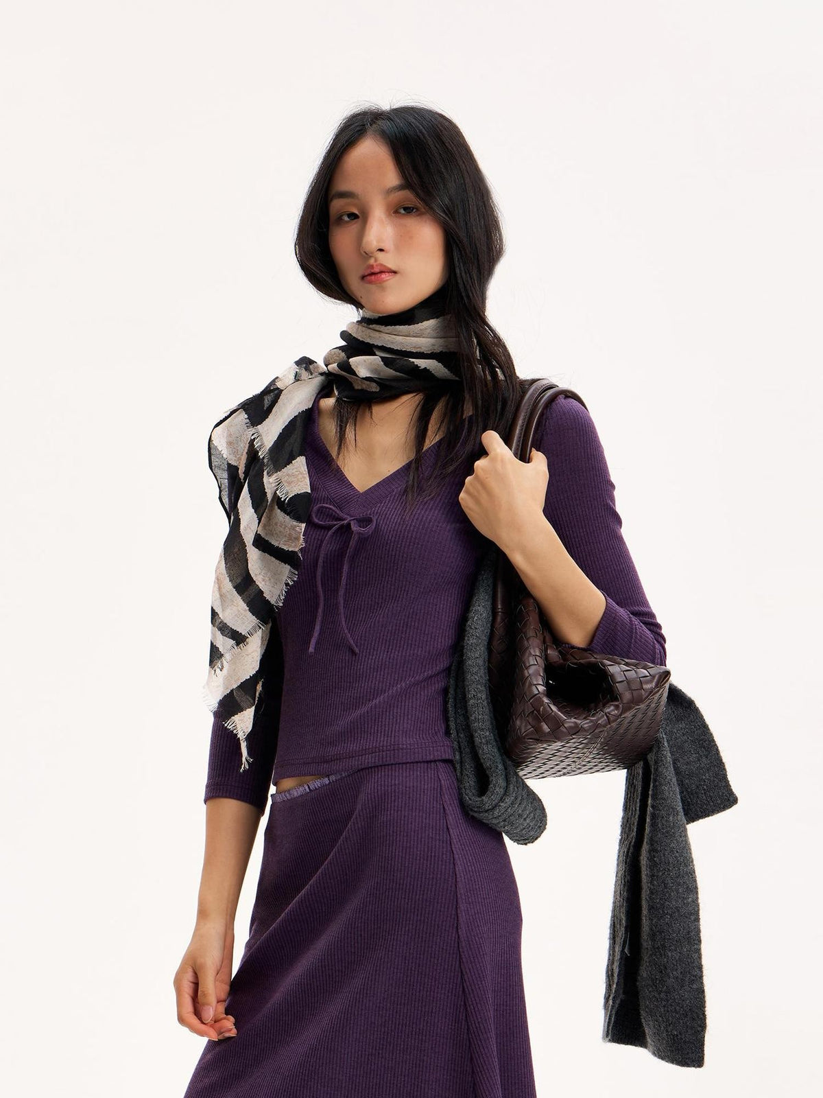 The NeverMore Purple Slim Fit Long Sleeve Knit Cropped Top Straight Midi Women&