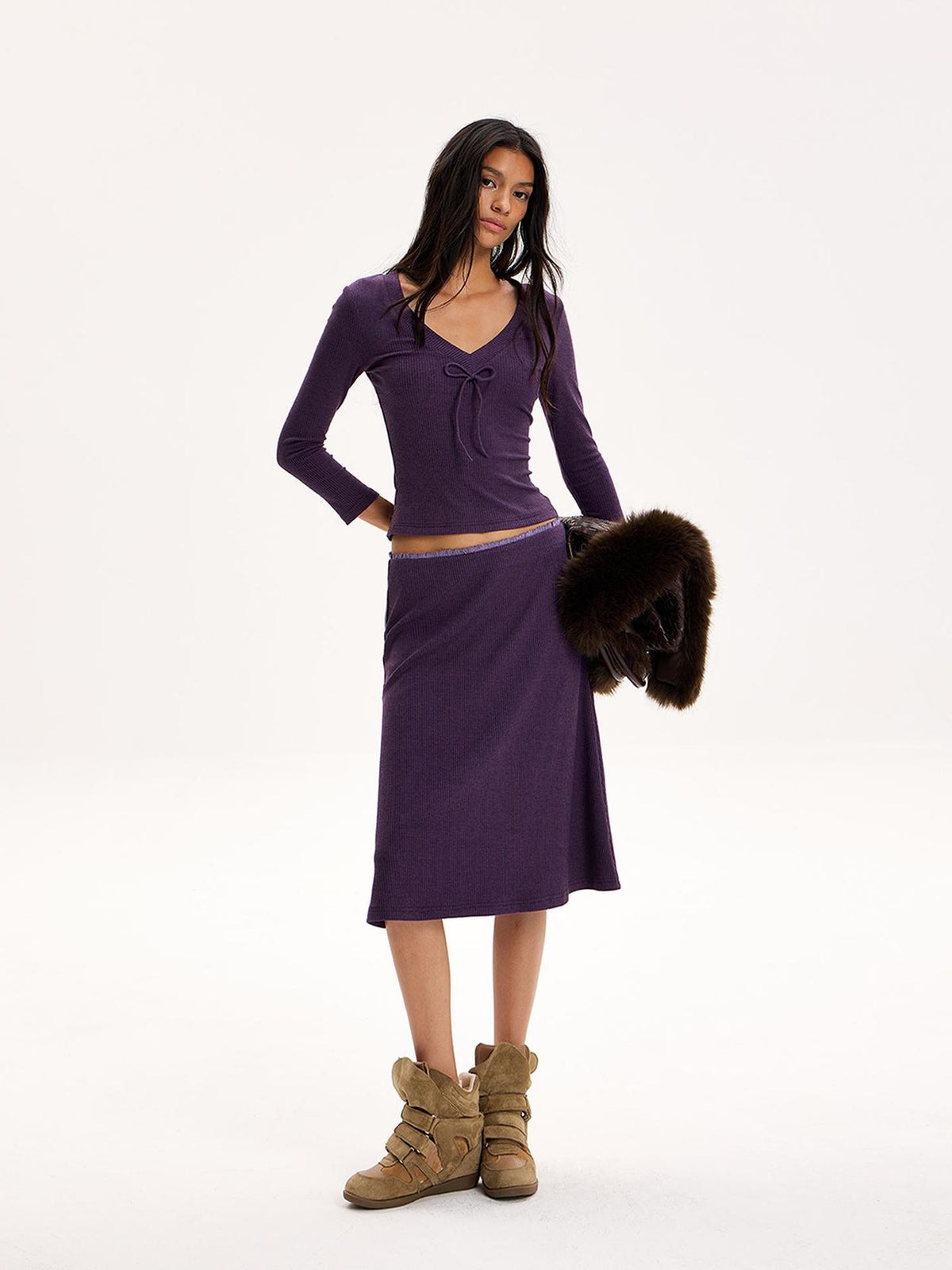 The NeverMore Purple Slim Fit Long Sleeve Knit Cropped Top Straight Midi Women&