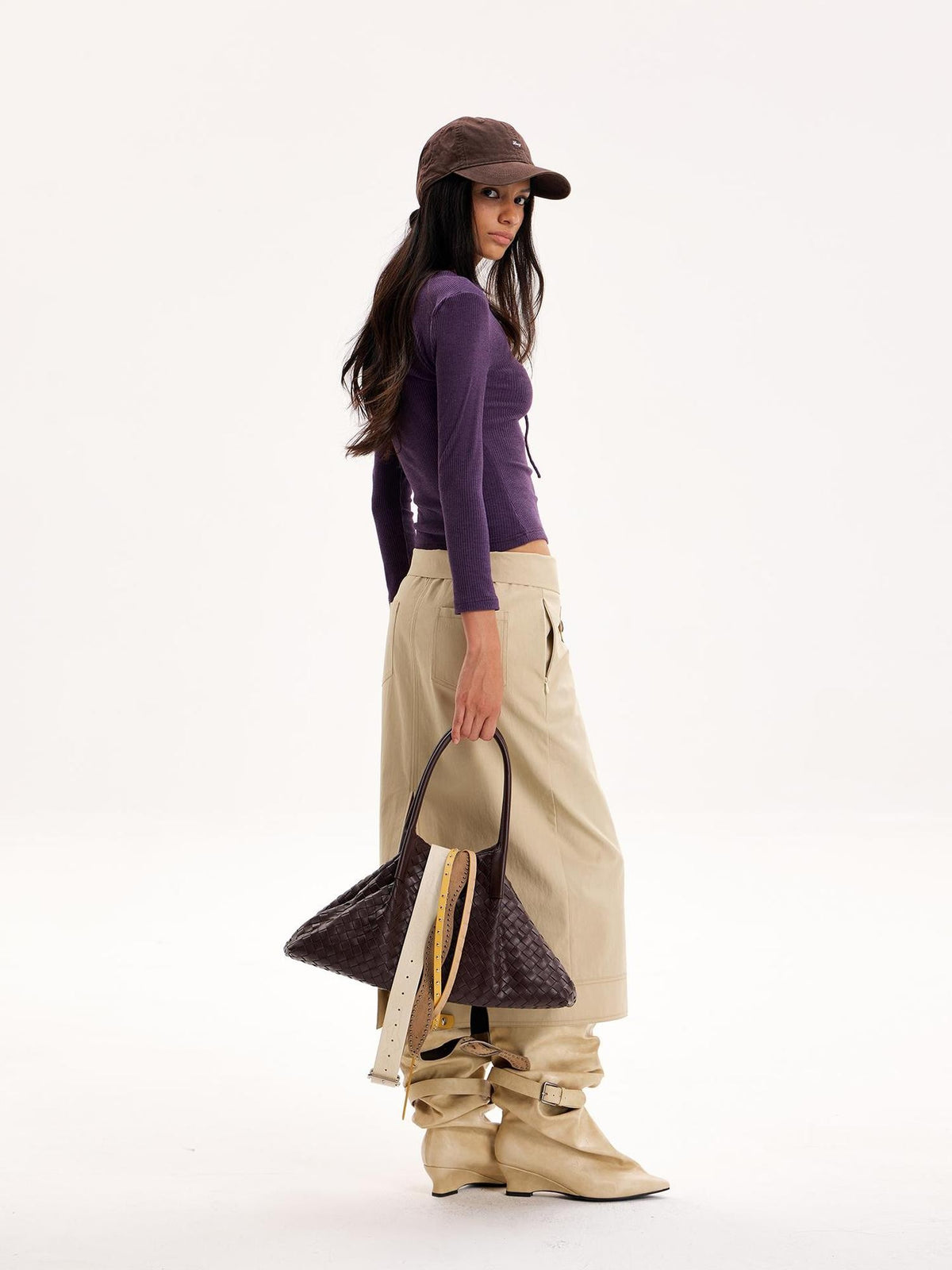 The NeverMore Purple Slim Fit Long Sleeve Knit Cropped Top Straight Midi Women&