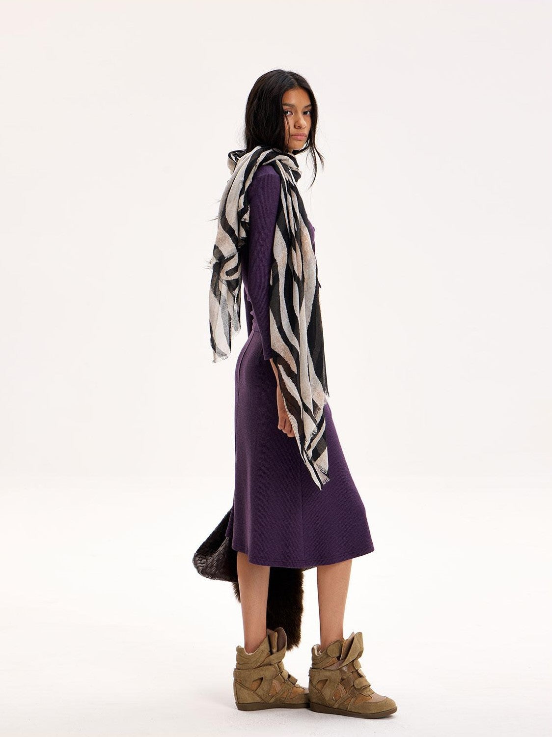 The NeverMore Purple Slim Fit Long Sleeve Knit Cropped Top Straight Midi Women&