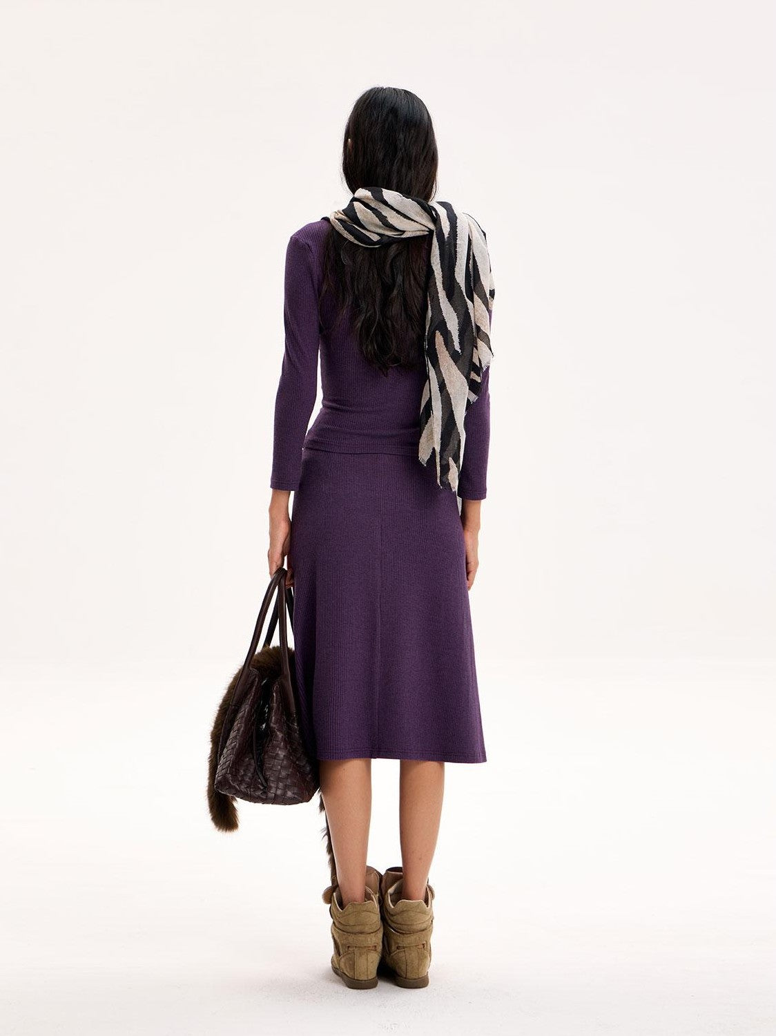 The NeverMore Purple Slim Fit Long Sleeve Knit Cropped Top Straight Midi Women&